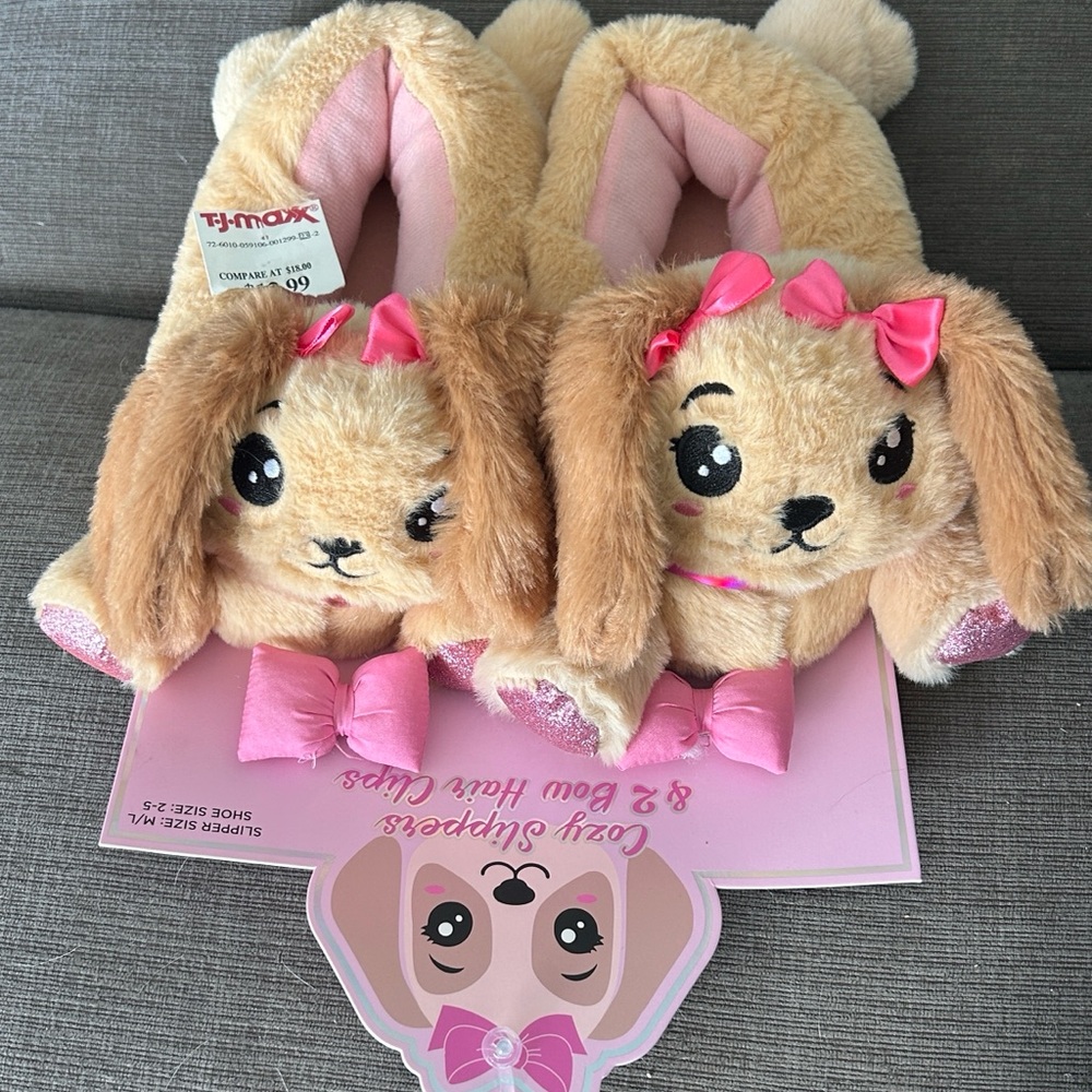 Cute Dog Plush Slippers with Pink Bows with Two Puffy Hair Bows